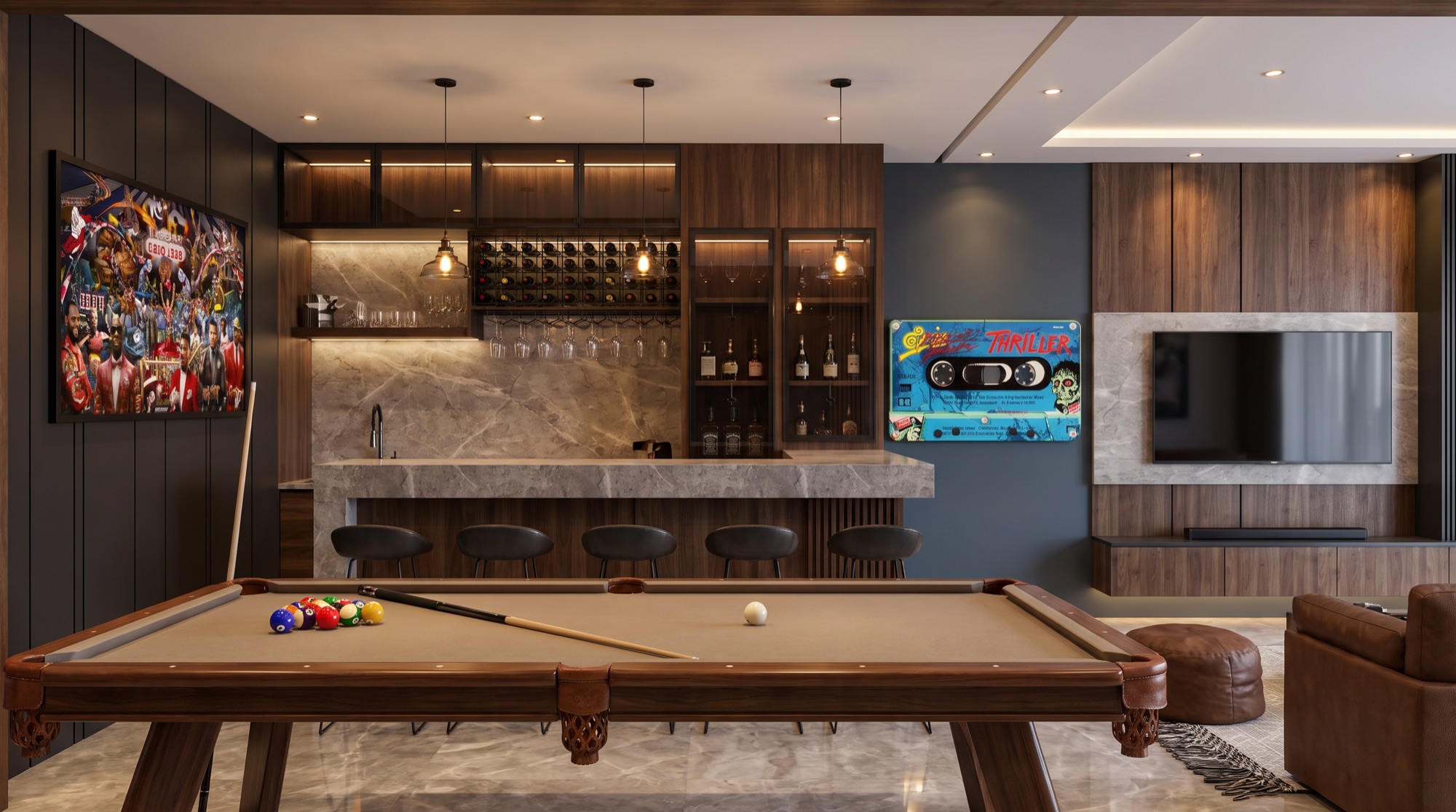 Bar nocturno con botellas, mesa de billar y arte en un man cave ZETTE